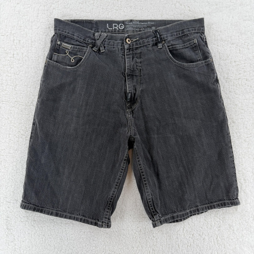 LRG Grass Roots Denim Shorts Mens 34 Black Long Relaxed‎ Fit Jean Streetwear Y2K